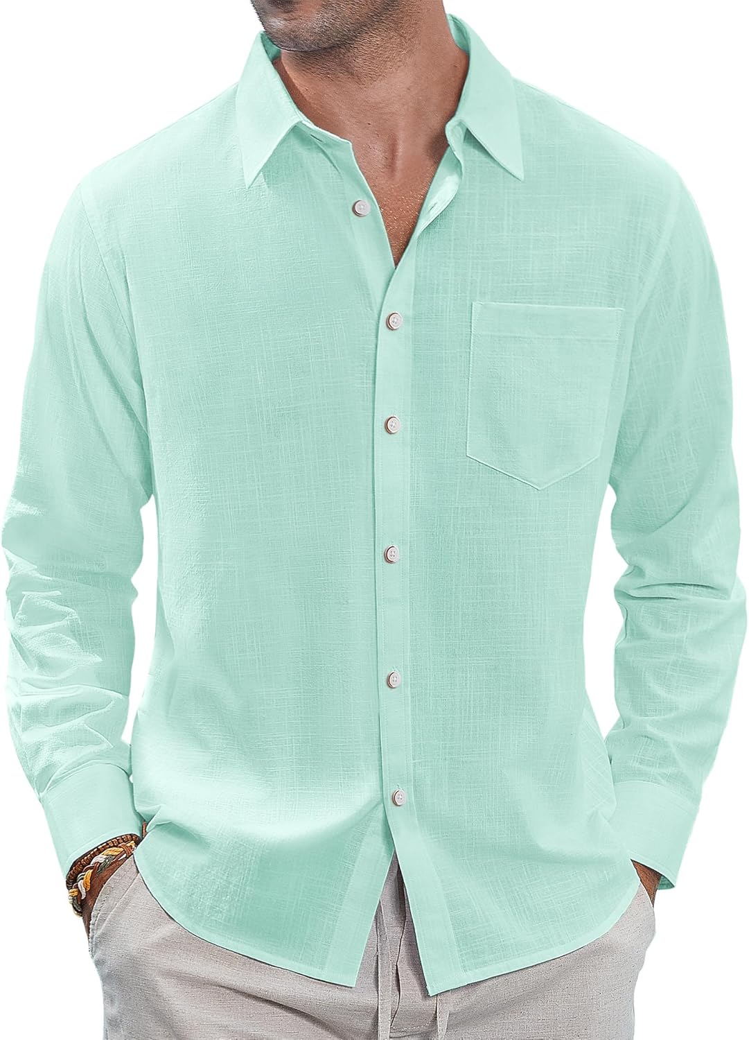 J.VER Men's Linen Shirts Casual Button Down Long Sleeve Shirt Solid Spread Collar Summer Beach Shirts with Pocket