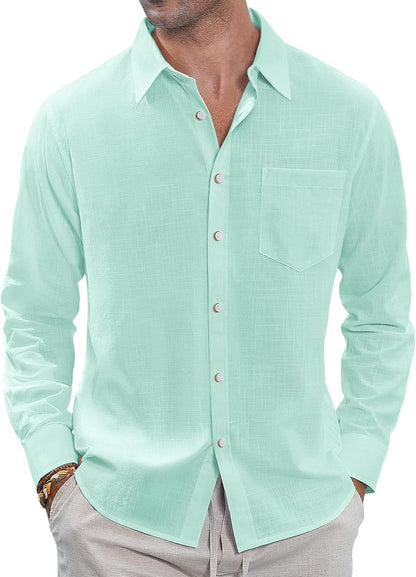 J.VER Men's Linen Shirts Casual Button Down Long Sleeve Shirt Solid Spread Collar Summer Beach Shirts with Pocket