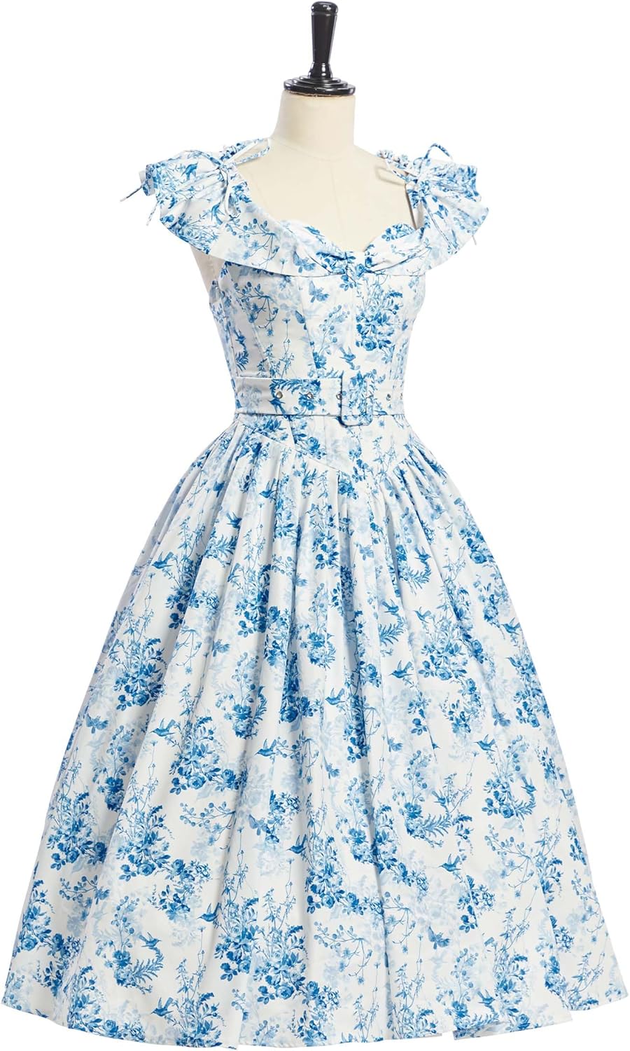 miccostumes Vintage 1950s Floral Print Dress with Adjustable Back & Belt Off-The-Shoulder Regular Sleeves Retro Swing Dress