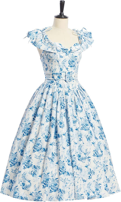 miccostumes Vintage 1950s Floral Print Dress with Adjustable Back & Belt Off-The-Shoulder Regular Sleeves Retro Swing Dress