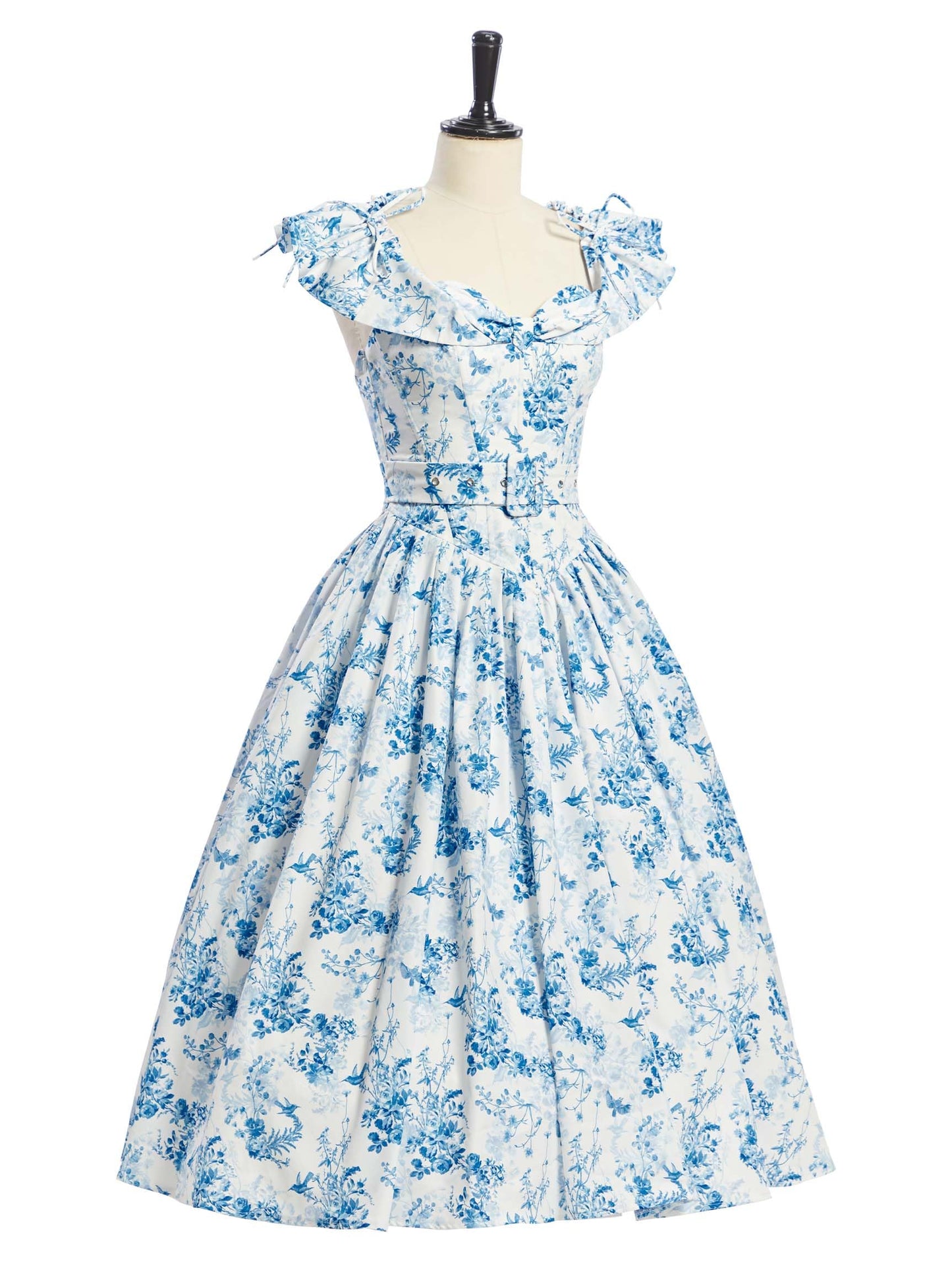 miccostumes Vintage 1950s Floral Print Dress with Adjustable Back & Belt Off-The-Shoulder Regular Sleeves Retro Swing Dress