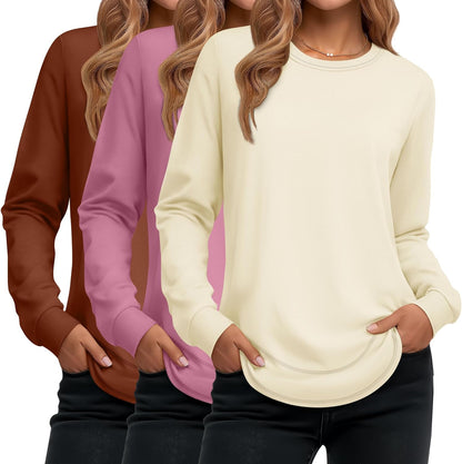 Ficerd 3 Pack Women's Long Sleeve Shirts, Cotton Crew Neck Tunic Tops Casual Loose Fit Pullover Sweatshirts Curved Hem Shirts