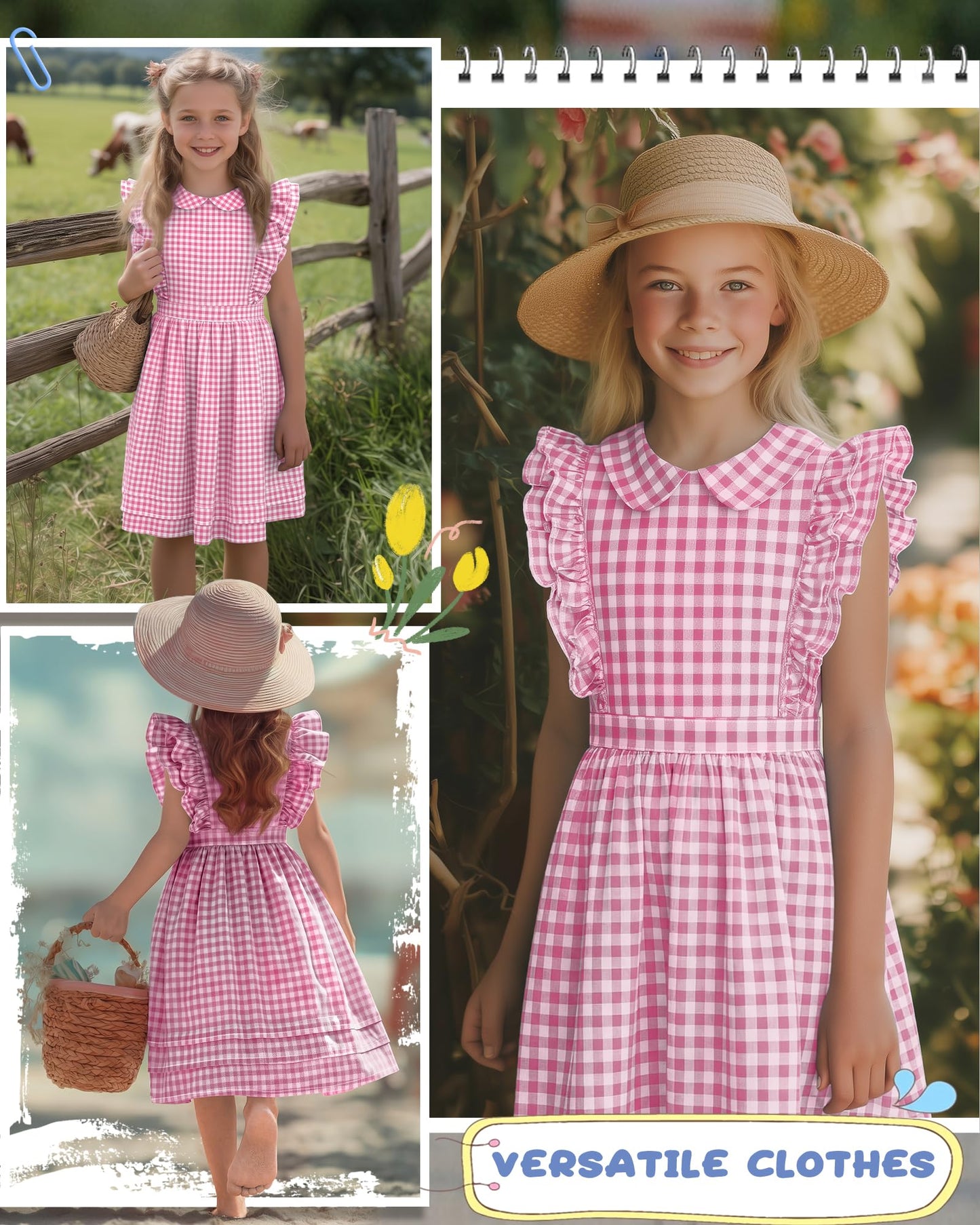 Xaatren Girls' Ruffle Sleeves Dress 5-14 Years Doll Collar Plaid Midi Length Gingham Flutter Pockets Summer Dress with Zipper