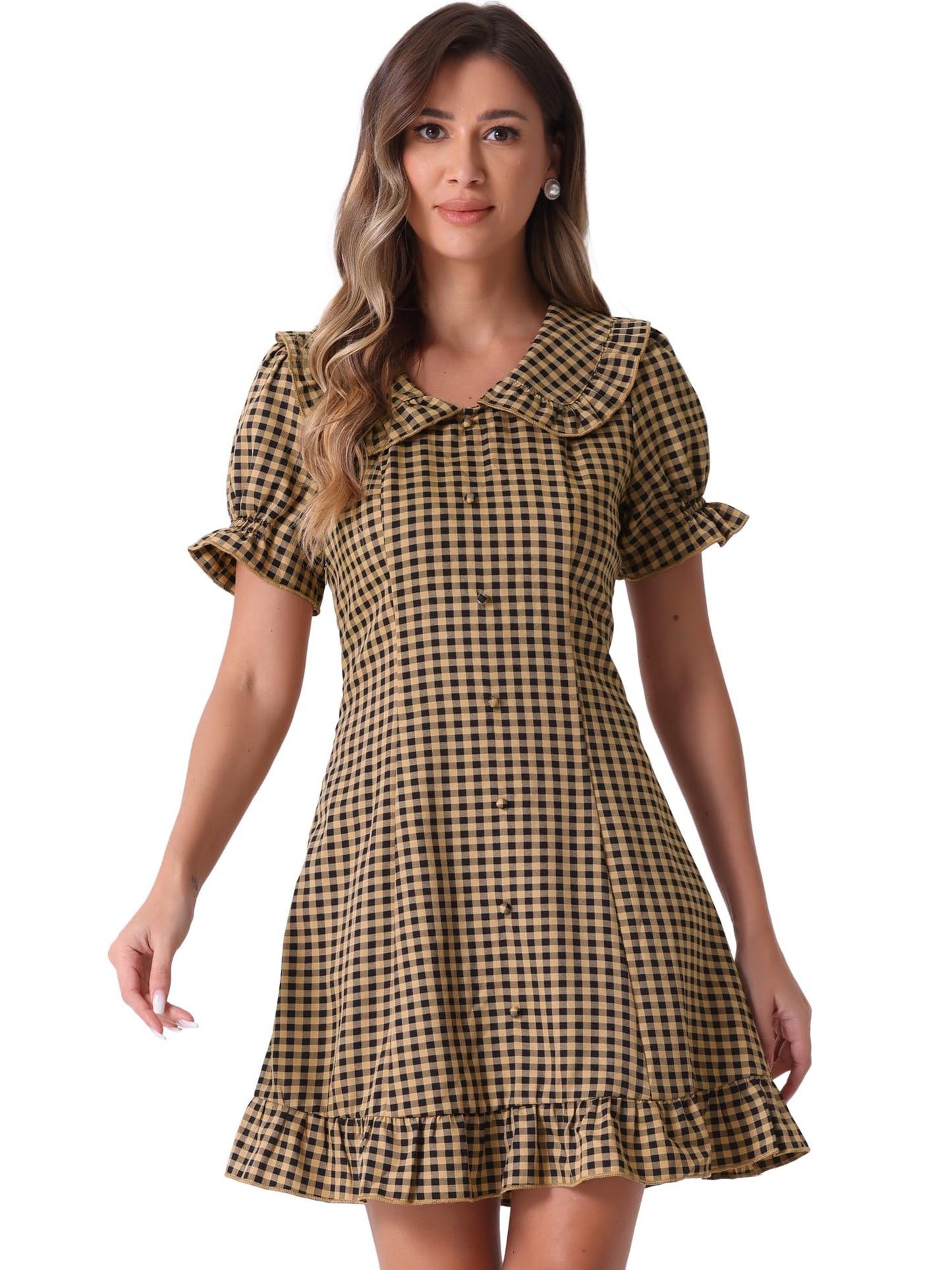 Allegra K Women's Gingham Checks Ruffled Peter Pan Collar Cute Mini Dress