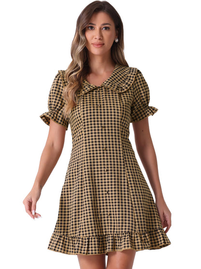 Allegra K Women's Gingham Checks Ruffled Peter Pan Collar Cute Mini Dress