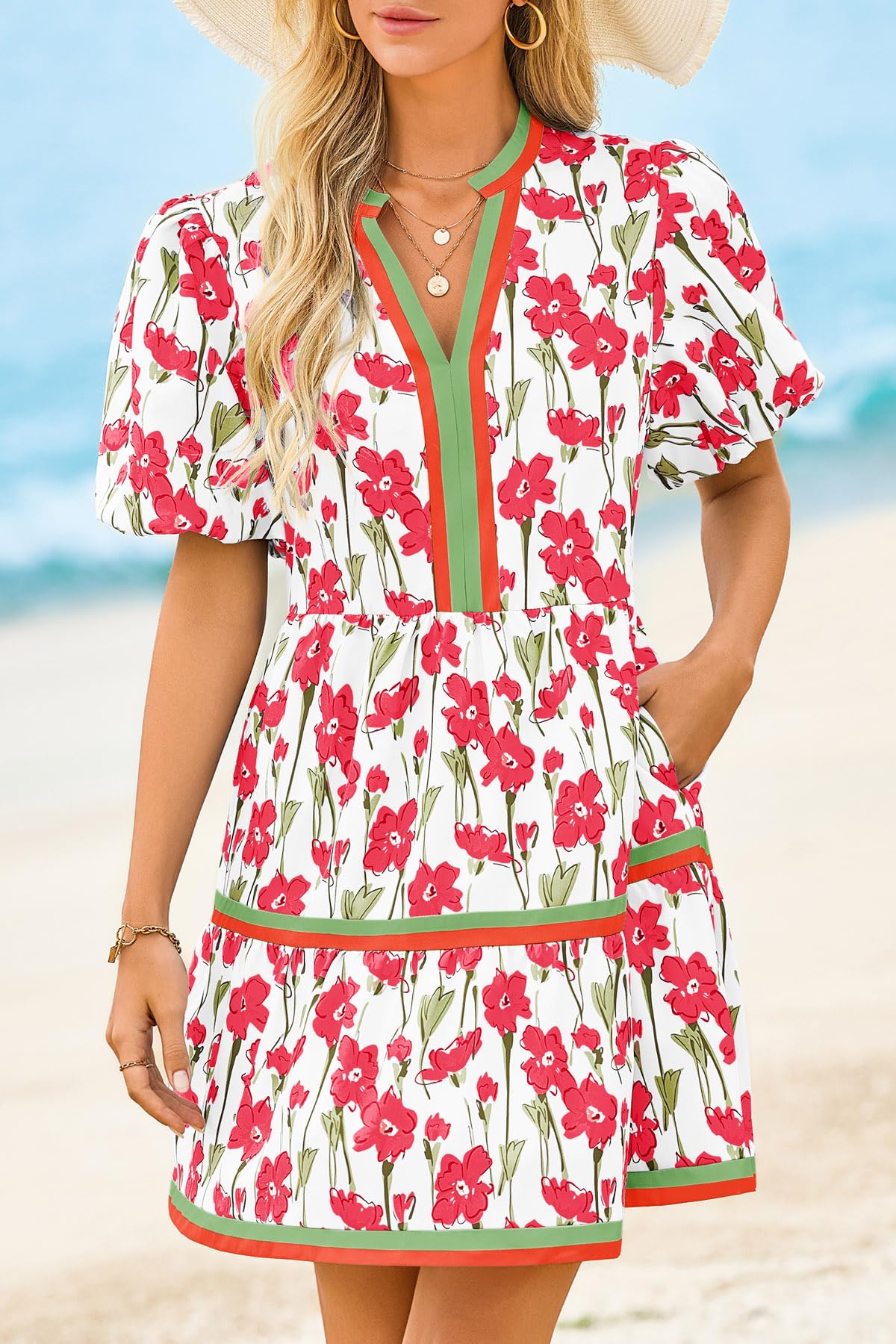 Cicy Bell Womens Summer Puff Sleeve V Neck Floral Mini Boho Beach Dresses | Short Length, Patchwork,Hawaiian,Vacation,Loose fit ,Print with pockets