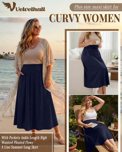 Plus Size Maxi Skirt for Curvy Women Pockets 2026 Ankle Length High Waisted Pleated Flowy a Line Summer Long Skirt