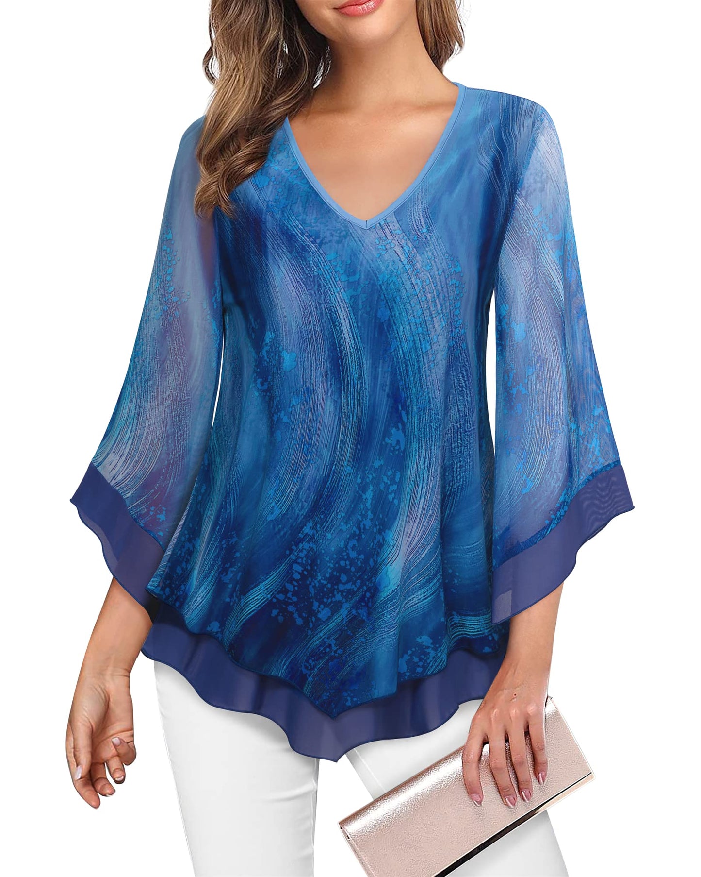 Lotusmile Womens Dressy Blouse Double Layers Mesh Shirt Ruffle 3/4 Flared Sleeve Tunic Tops