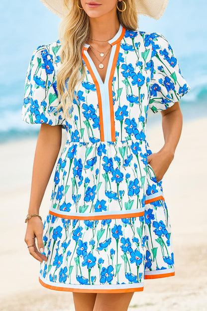 Cicy Bell Womens Summer Puff Sleeve V Neck Floral Mini Boho Beach Dresses | Short Length, Patchwork,Hawaiian,Vacation,Loose fit ,Print with pockets