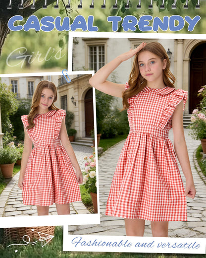 Xaatren Girls' Ruffle Sleeves Dress 5-14 Years Doll Collar Plaid Midi Length Gingham Flutter Pockets Summer Dress with Zipper