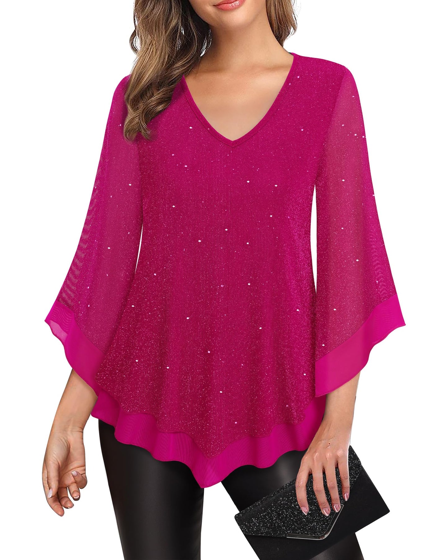 Lotusmile Womens Dressy Blouse Double Layers Mesh Shirt Ruffle 3/4 Flared Sleeve Tunic Tops