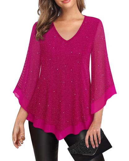 Lotusmile Womens Dressy Blouse Double Layers Mesh Shirt Ruffle 3/4 Flared Sleeve Tunic Tops