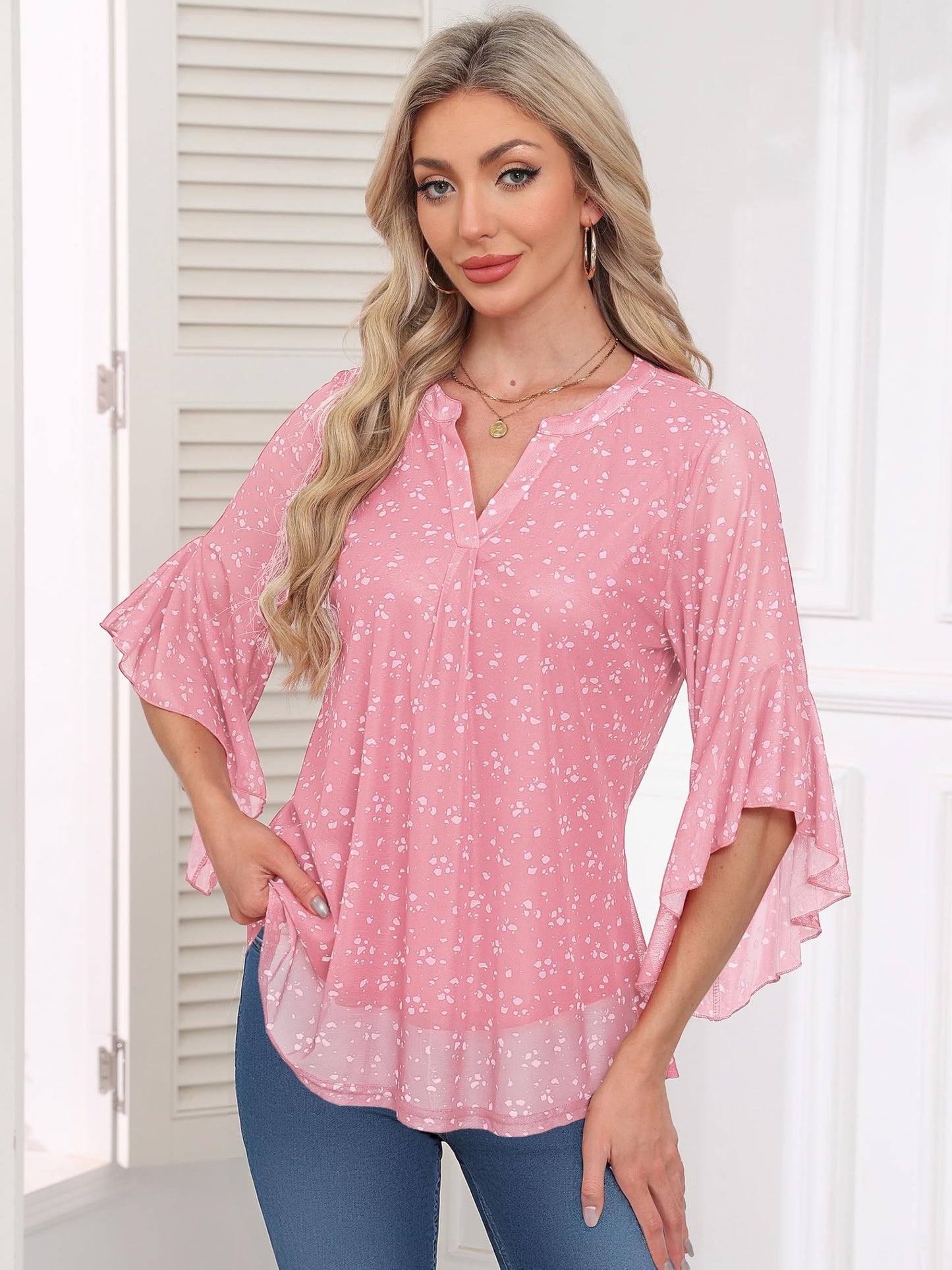 Ninedaily Womens Sparkly Tops 3/4 Sleeve Dressy Casual Sequin Blouses Double Layers Loose V Neck Shirt