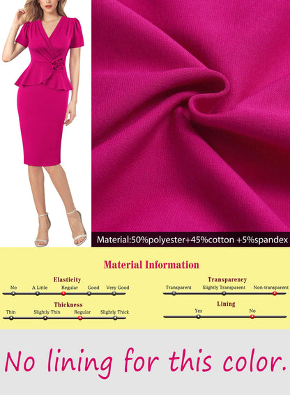 VFSHOW Womens 2024 Business Work Office 3D Flower Pleated Puff Sleeve Faux Wrap V Neck Slim Bodycon Pencil Dress