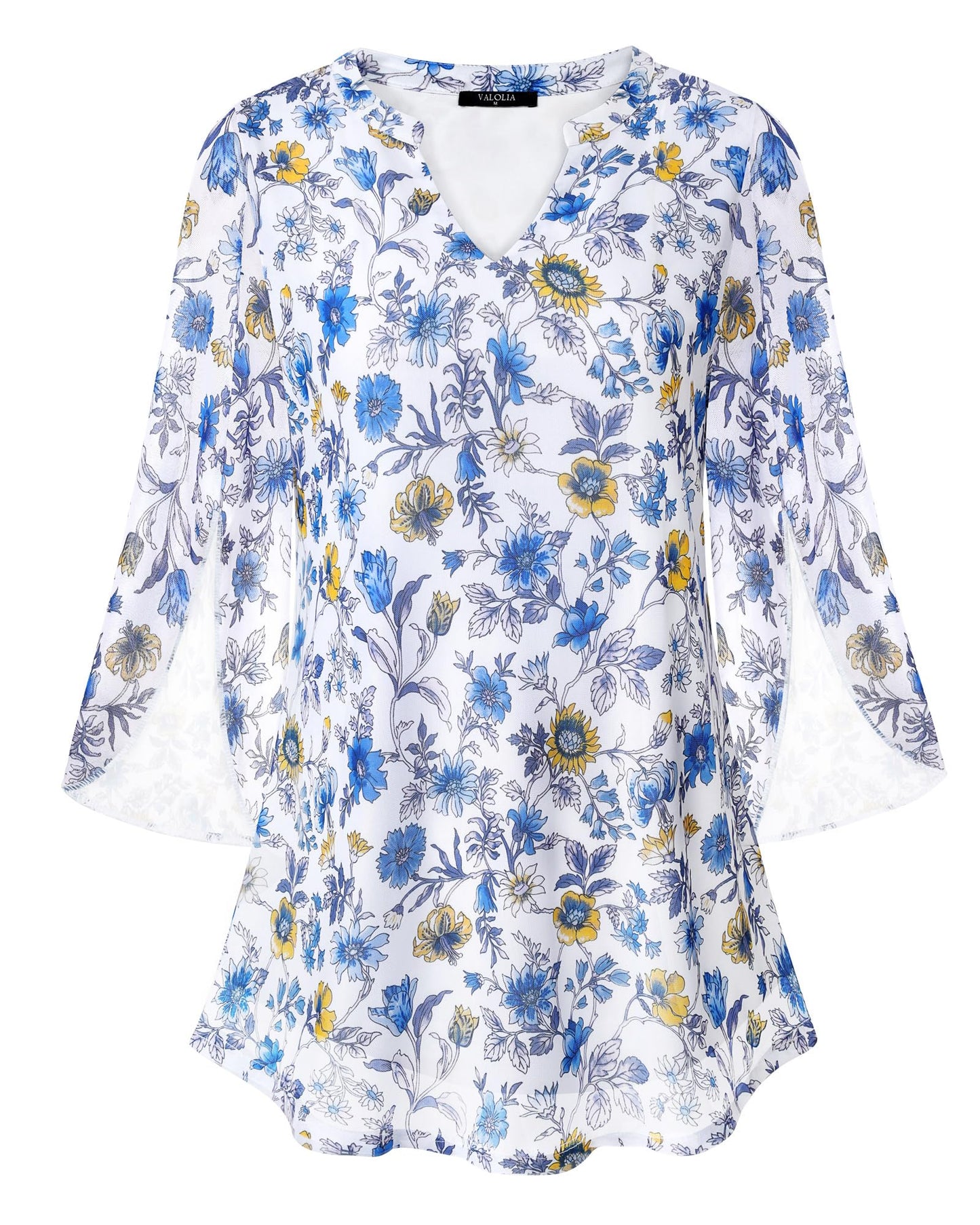VALOLIA Women's 3/4 Sleeve Floral Tunic Tops V Neck Double Layers Loose Fit Mesh Blouses Shirt