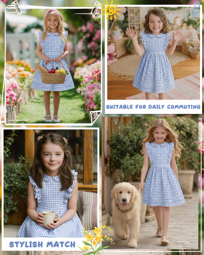 Xaatren Girls' Ruffle Sleeves Dress 5-14 Years Doll Collar Plaid Midi Length Gingham Flutter Pockets Summer Dress with Zipper