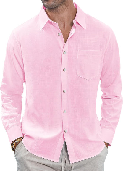J.VER Men's Linen Shirts Casual Button Down Long Sleeve Shirt Solid Spread Collar Summer Beach Shirts with Pocket