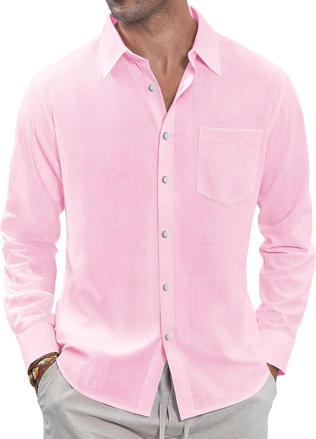 J.VER Men's Linen Shirts Casual Button Down Long Sleeve Shirt Solid Spread Collar Summer Beach Shirts with Pocket
