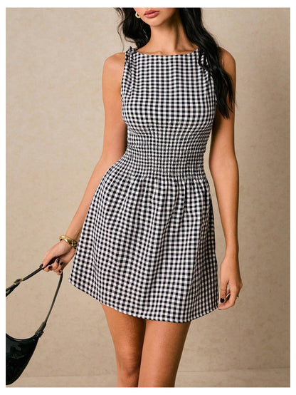 Floerns Women's Tie Shoulder A Line Gingham Dress Boat Neck Mini Checkered Elegant Dresses
