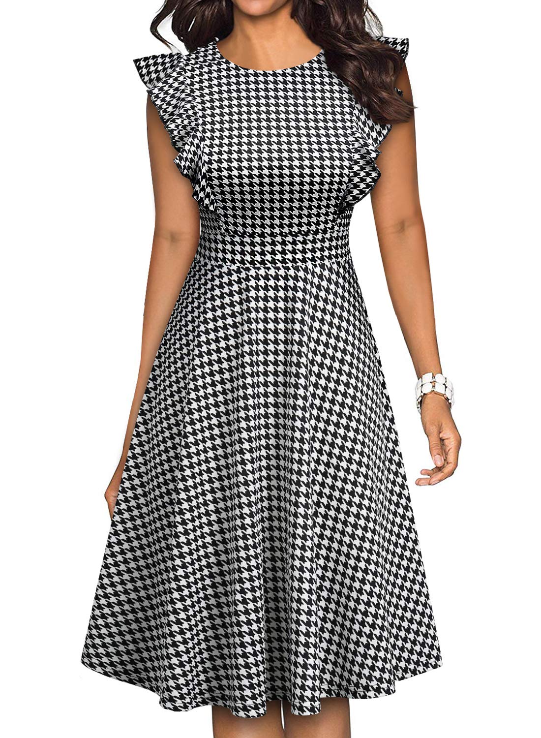 YATHON Women's Vintage Ruffle Floral Flared A Line Swing Casual Cocktail Party Dresses