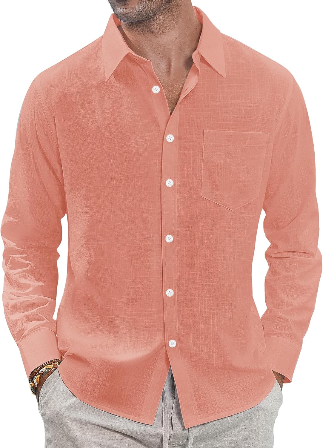 J.VER Men's Linen Shirts Casual Button Down Long Sleeve Shirt Solid Spread Collar Summer Beach Shirts with Pocket