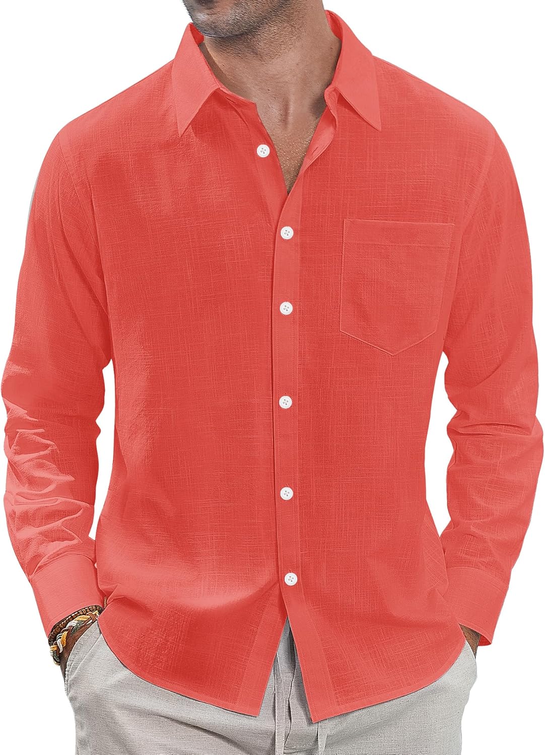 J.VER Men's Linen Shirts Casual Button Down Long Sleeve Shirt Solid Spread Collar Summer Beach Shirts with Pocket