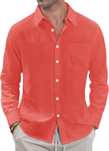 J.VER Men's Linen Shirts Casual Button Down Long Sleeve Shirt Solid Spread Collar Summer Beach Shirts with Pocket