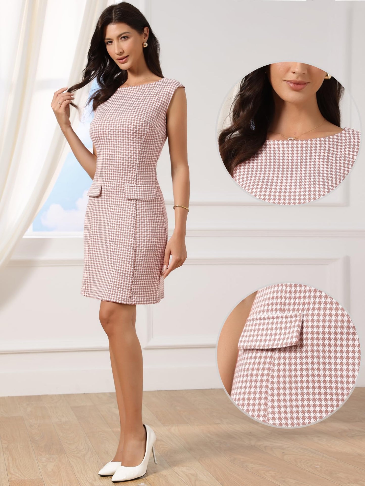 Allegra K Houndstooth Dress for Women's Sleeveless Boat Neck Plaid Work Sheath Dresses
