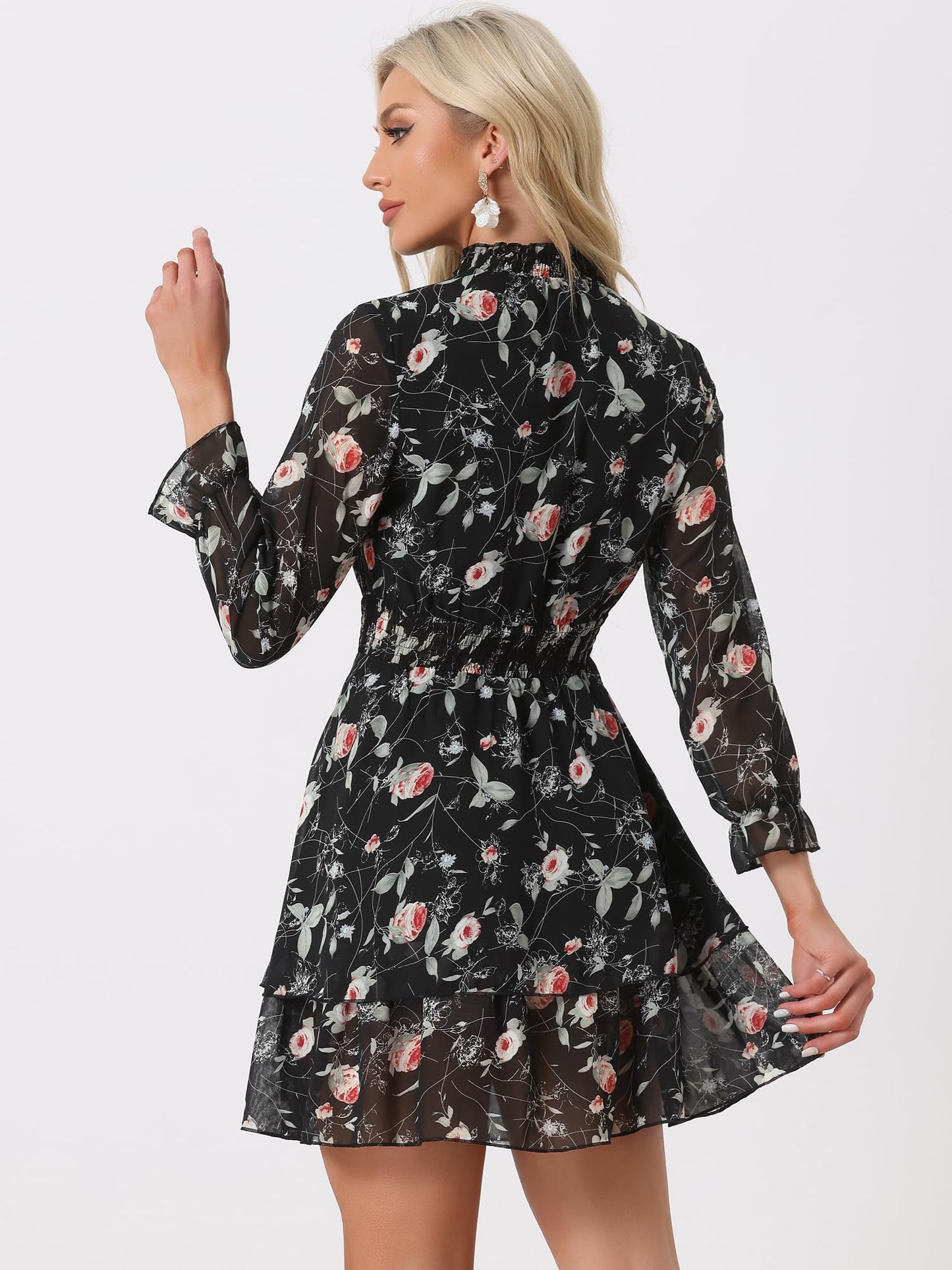 Allegra K Women's Floral Dress Chiffon Long Sleeve Mock Neck Ruffle Layered Smocked Mini Dresses