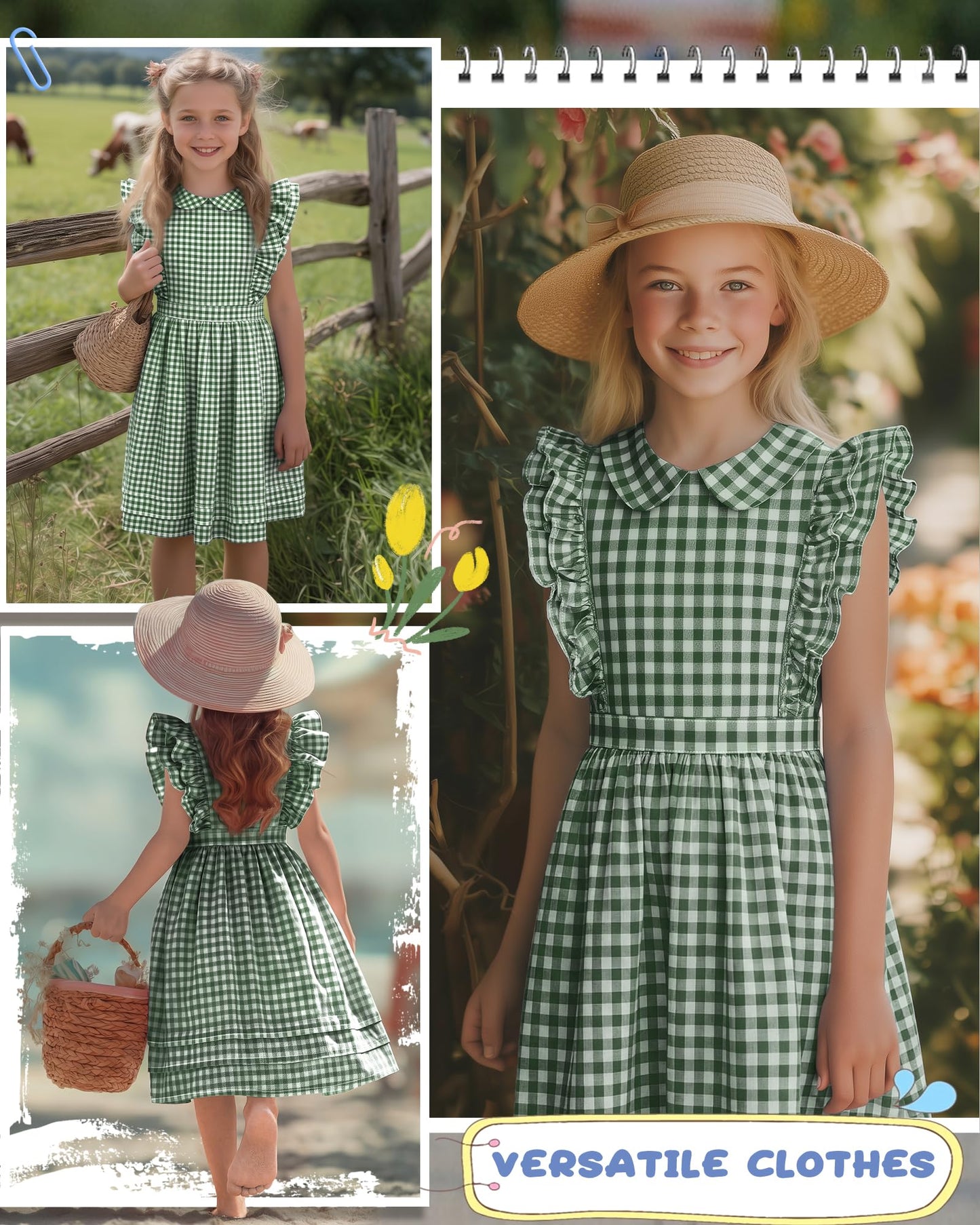 Xaatren Girls' Ruffle Sleeves Dress 5-14 Years Doll Collar Plaid Midi Length Gingham Flutter Pockets Summer Dress with Zipper