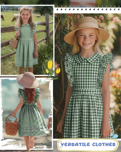 Xaatren Girls' Ruffle Sleeves Dress 5-14 Years Doll Collar Plaid Midi Length Gingham Flutter Pockets Summer Dress with Zipper