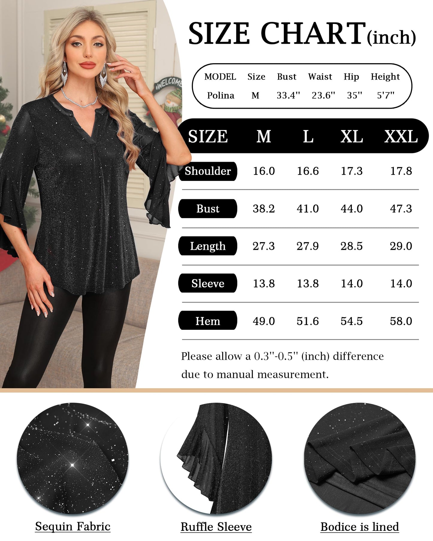 Ninedaily Womens Sparkly Tops 3/4 Sleeve Dressy Casual Sequin Blouses Double Layers Loose V Neck Shirt