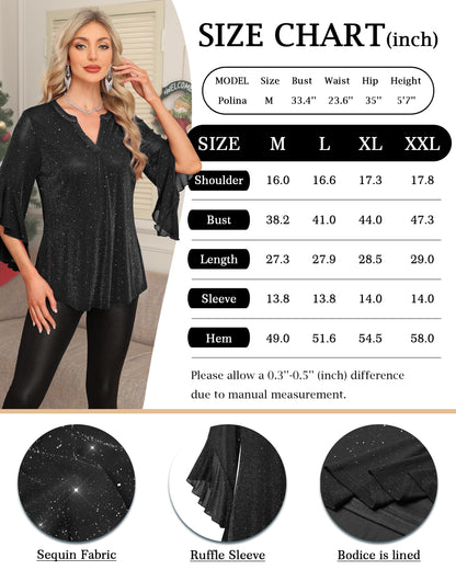Ninedaily Womens Sparkly Tops 3/4 Sleeve Dressy Casual Sequin Blouses Double Layers Loose V Neck Shirt
