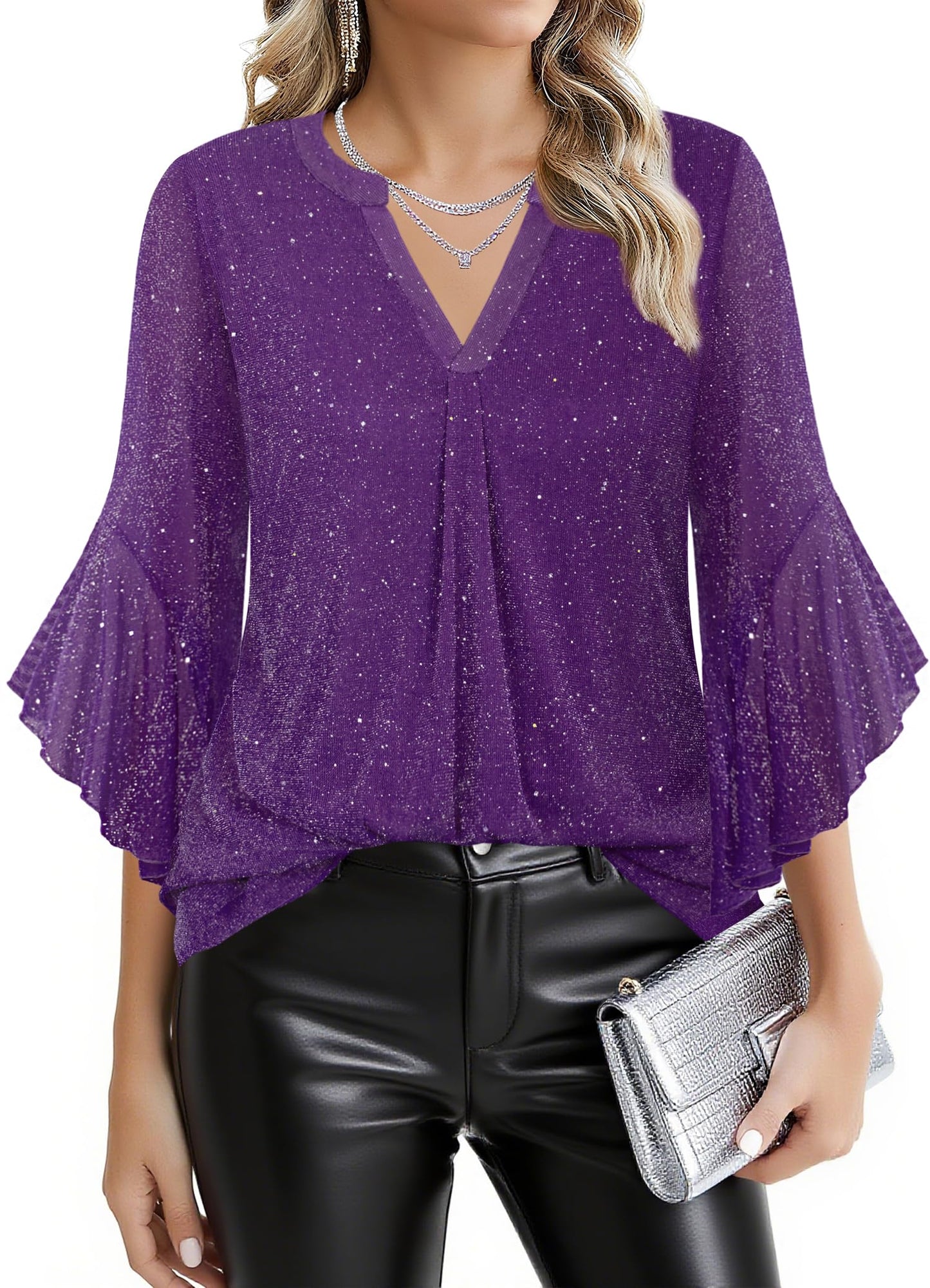 Ninedaily Womens Sparkly Tops 3/4 Sleeve Dressy Casual Sequin Blouses Double Layers Loose V Neck Shirt