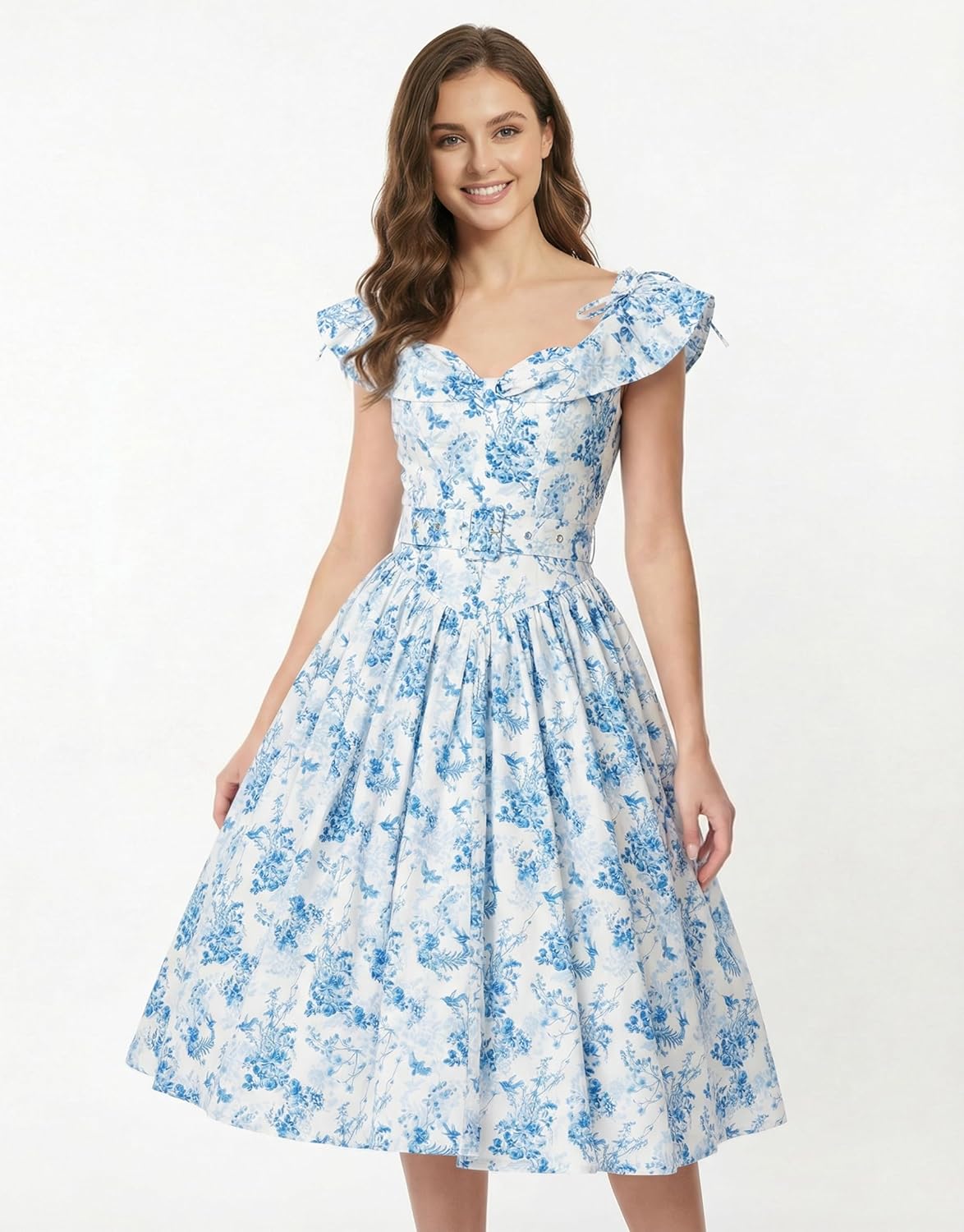miccostumes Vintage 1950s Floral Print Dress with Adjustable Back & Belt Off-The-Shoulder Regular Sleeves Retro Swing Dress