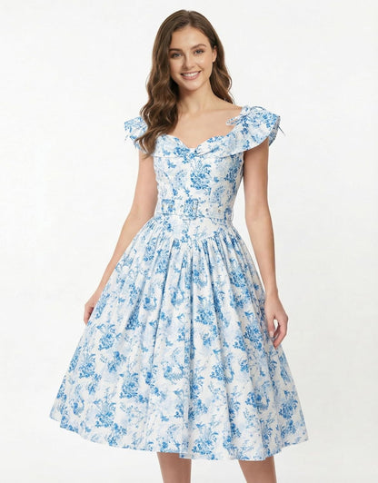 miccostumes Vintage 1950s Floral Print Dress with Adjustable Back & Belt Off-The-Shoulder Regular Sleeves Retro Swing Dress