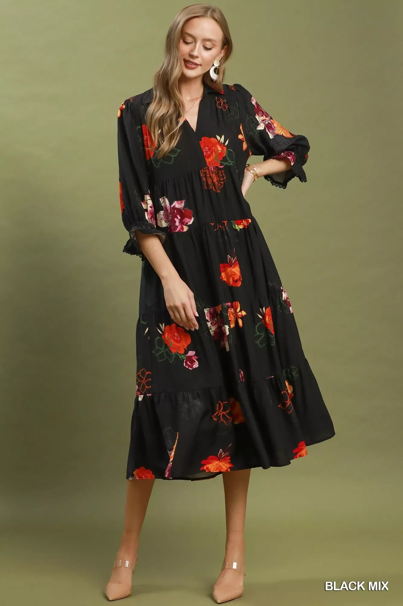Umgee Floral Print Tiered Midi Dress with Puff Sleeves