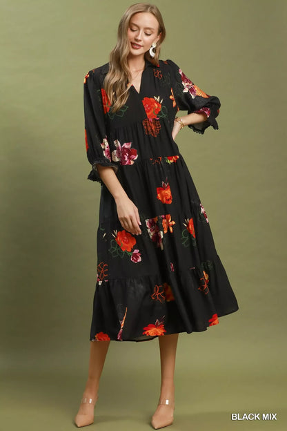Umgee Floral Print Tiered Midi Dress with Puff Sleeves