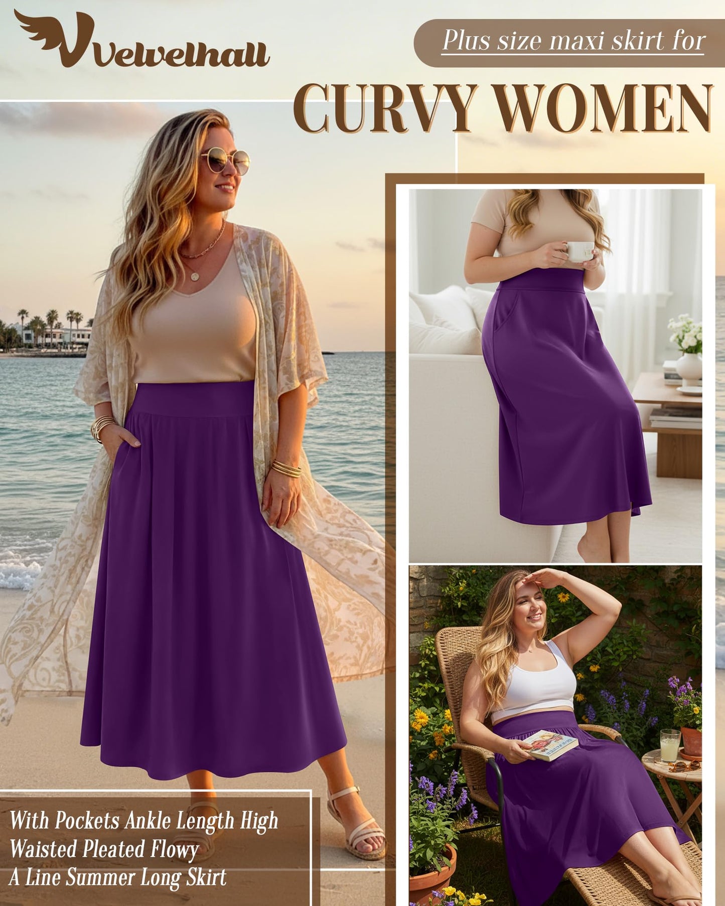 Plus Size Maxi Skirt for Curvy Women Pockets 2026 Ankle Length High Waisted Pleated Flowy a Line Summer Long Skirt