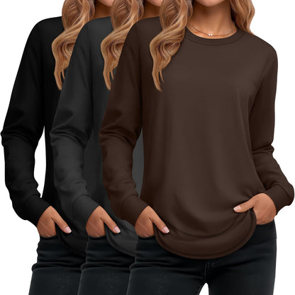 Ficerd 3 Pack Women's Long Sleeve Shirts, Cotton Crew Neck Tunic Tops Casual Loose Fit Pullover Sweatshirts Curved Hem Shirts