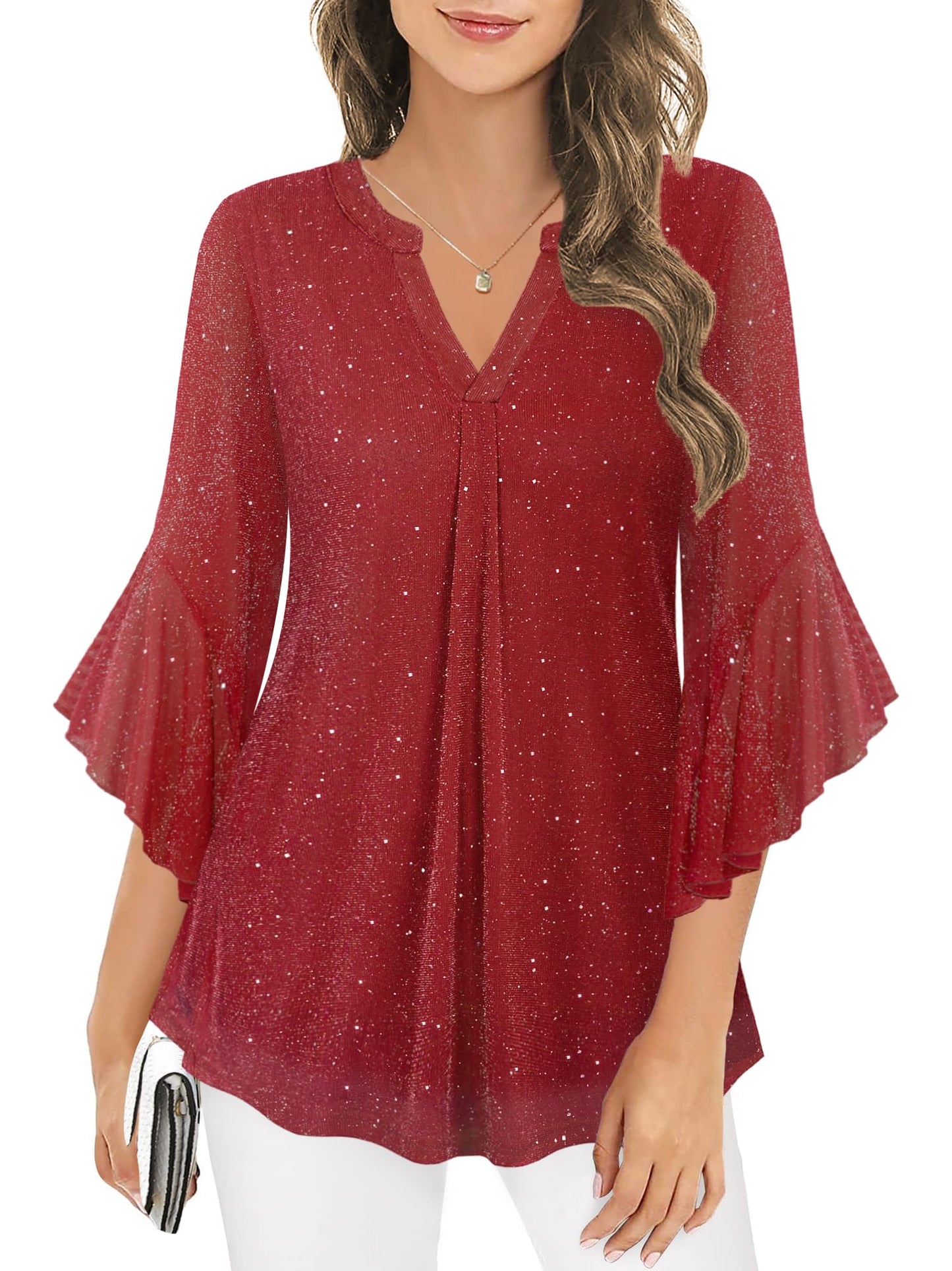 Ninedaily Womens Sparkly Tops 3/4 Sleeve Dressy Casual Sequin Blouses Double Layers Loose V Neck Shirt