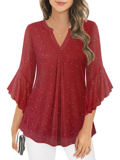 Ninedaily Womens Sparkly Tops 3/4 Sleeve Dressy Casual Sequin Blouses Double Layers Loose V Neck Shirt