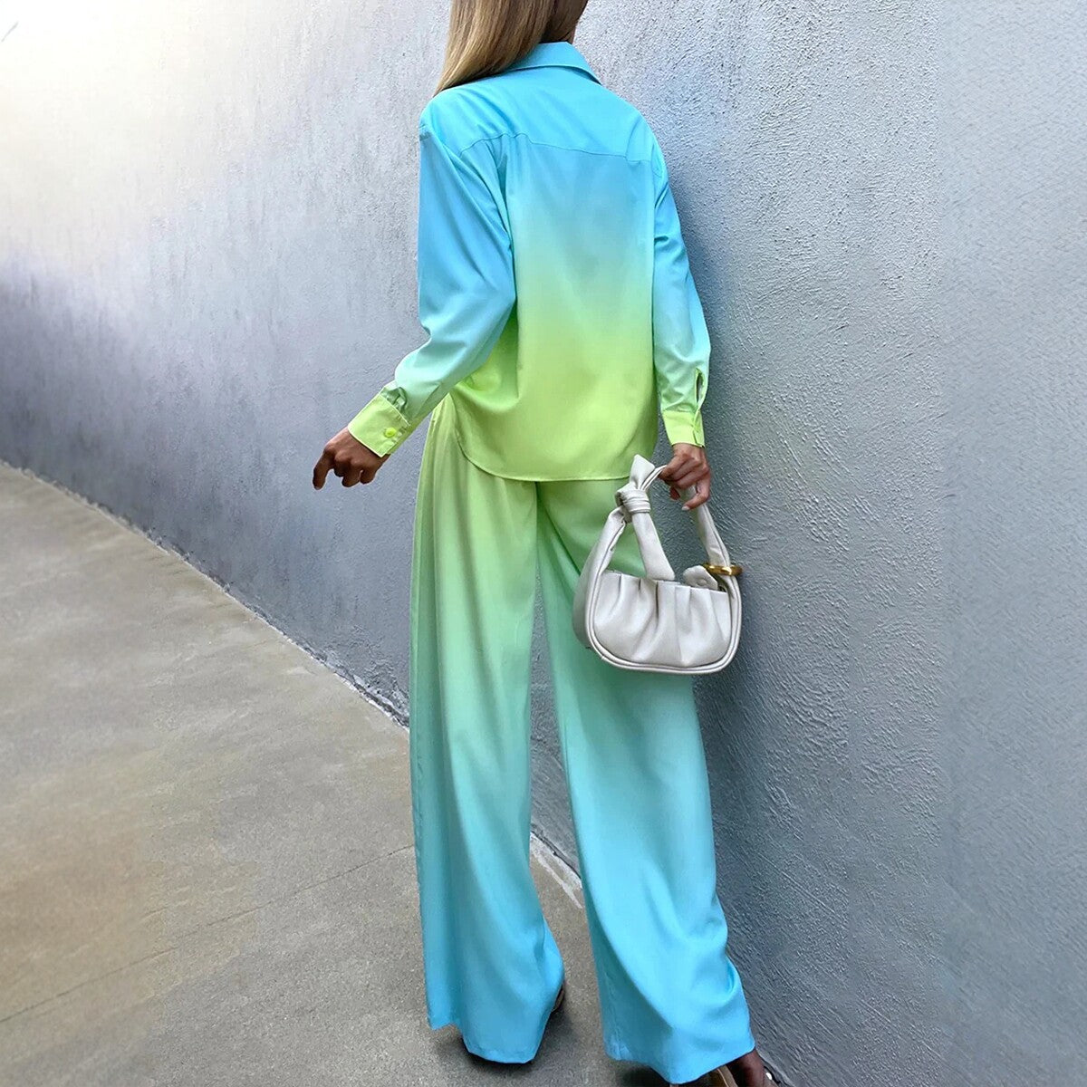 Gradient Color Shirt Wide-Leg Pants Set for Women, Fashionable Commute Chic Two-Piece Outfit