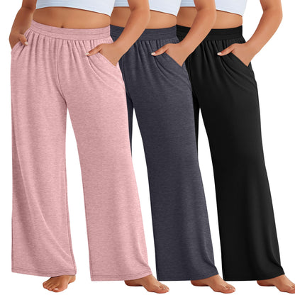 Evervibe 3 Pack Women Plus Size Wide Leg Pants Loose Fit Palazzo Lounge Yoga Sweatpants High Waist Casual Pajamas Pants
