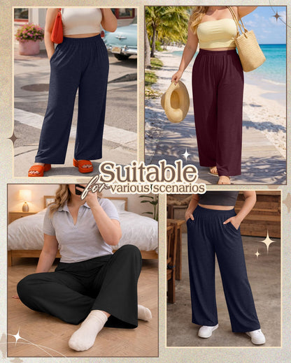 Evervibe 3 Pack Women Plus Size Wide Leg Pants Loose Fit Palazzo Lounge Yoga Sweatpants High Waist Casual Pajamas Pants