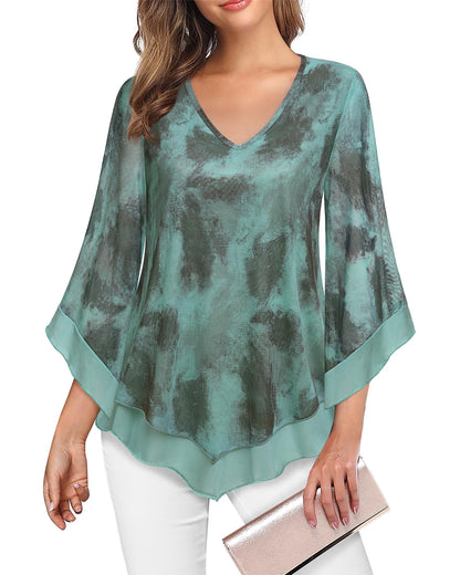 Lotusmile Womens Dressy Blouse Double Layers Mesh Shirt Ruffle 3/4 Flared Sleeve Tunic Tops