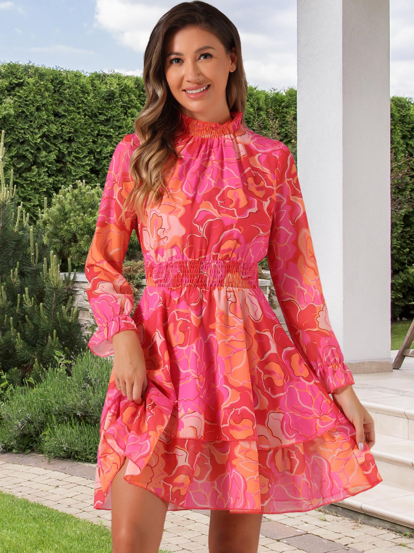 Allegra K Women's Floral Dress Chiffon Long Sleeve Mock Neck Ruffle Layered Smocked Mini Dresses
