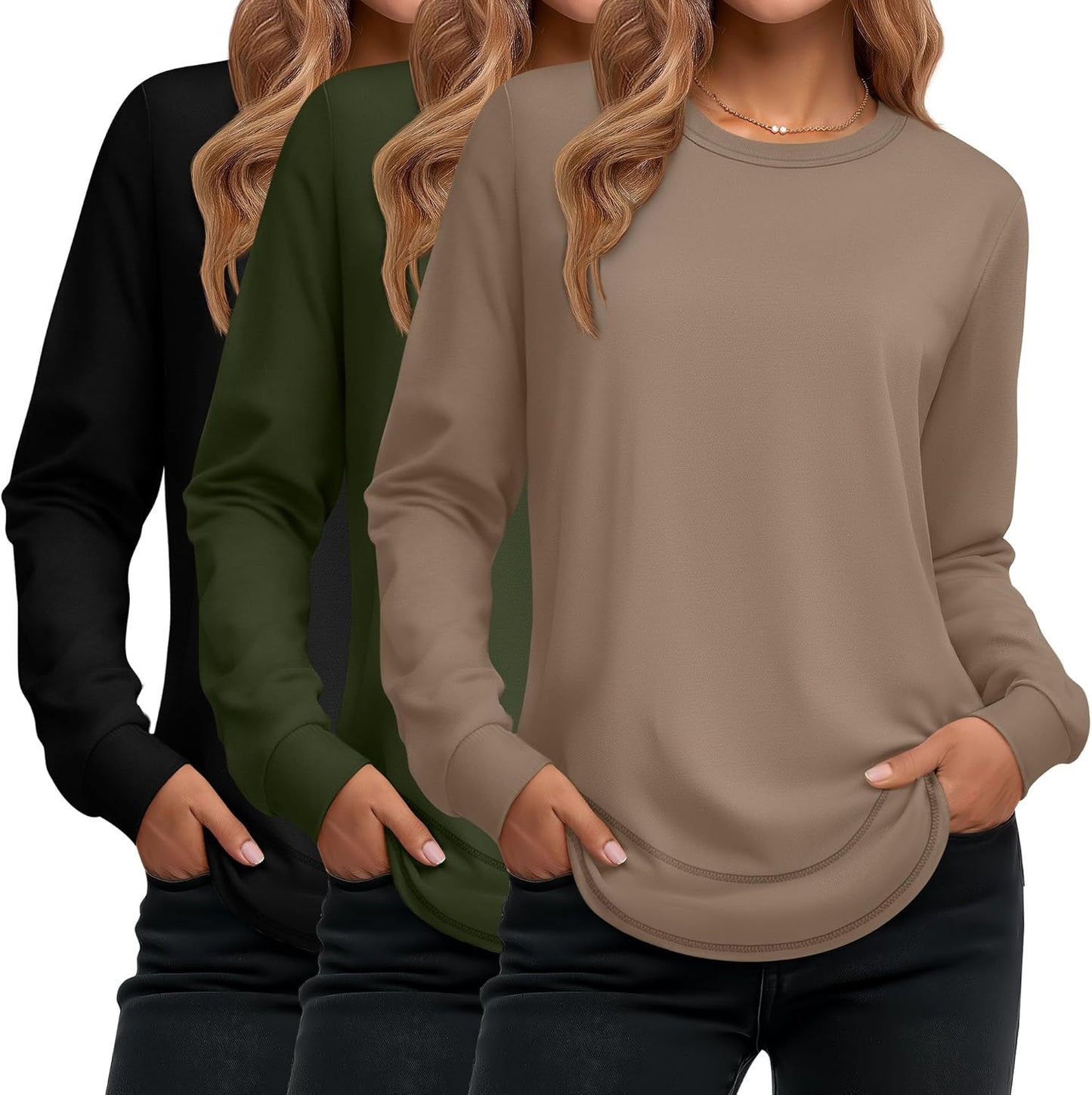 Ficerd 3 Pack Women's Long Sleeve Shirts, Cotton Crew Neck Tunic Tops Casual Loose Fit Pullover Sweatshirts Curved Hem Shirts