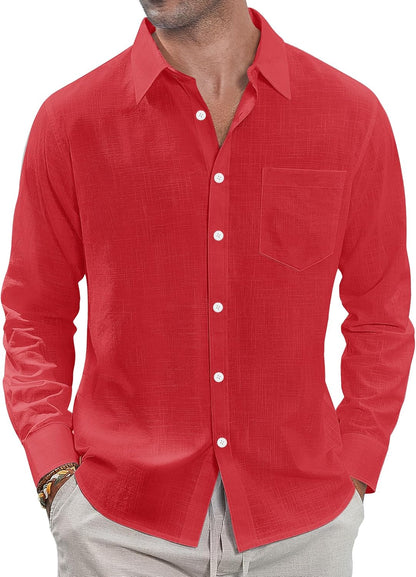 J.VER Men's Linen Shirts Casual Button Down Long Sleeve Shirt Solid Spread Collar Summer Beach Shirts with Pocket