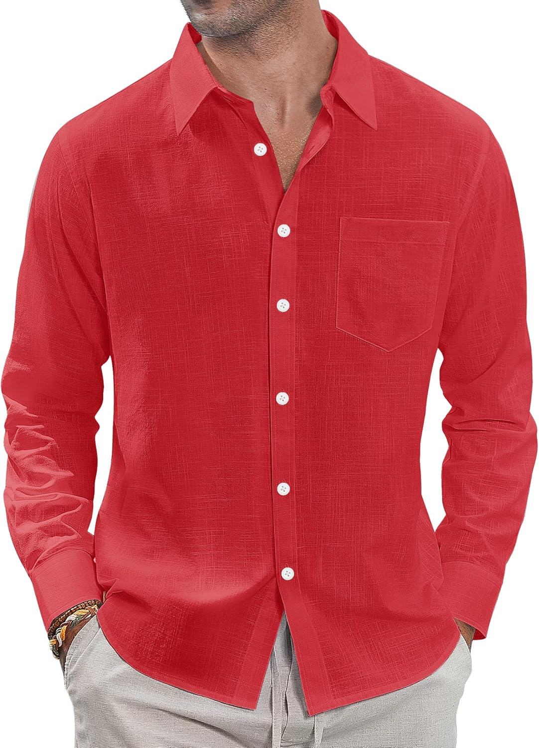 J.VER Men's Linen Shirts Casual Button Down Long Sleeve Shirt Solid Spread Collar Summer Beach Shirts with Pocket